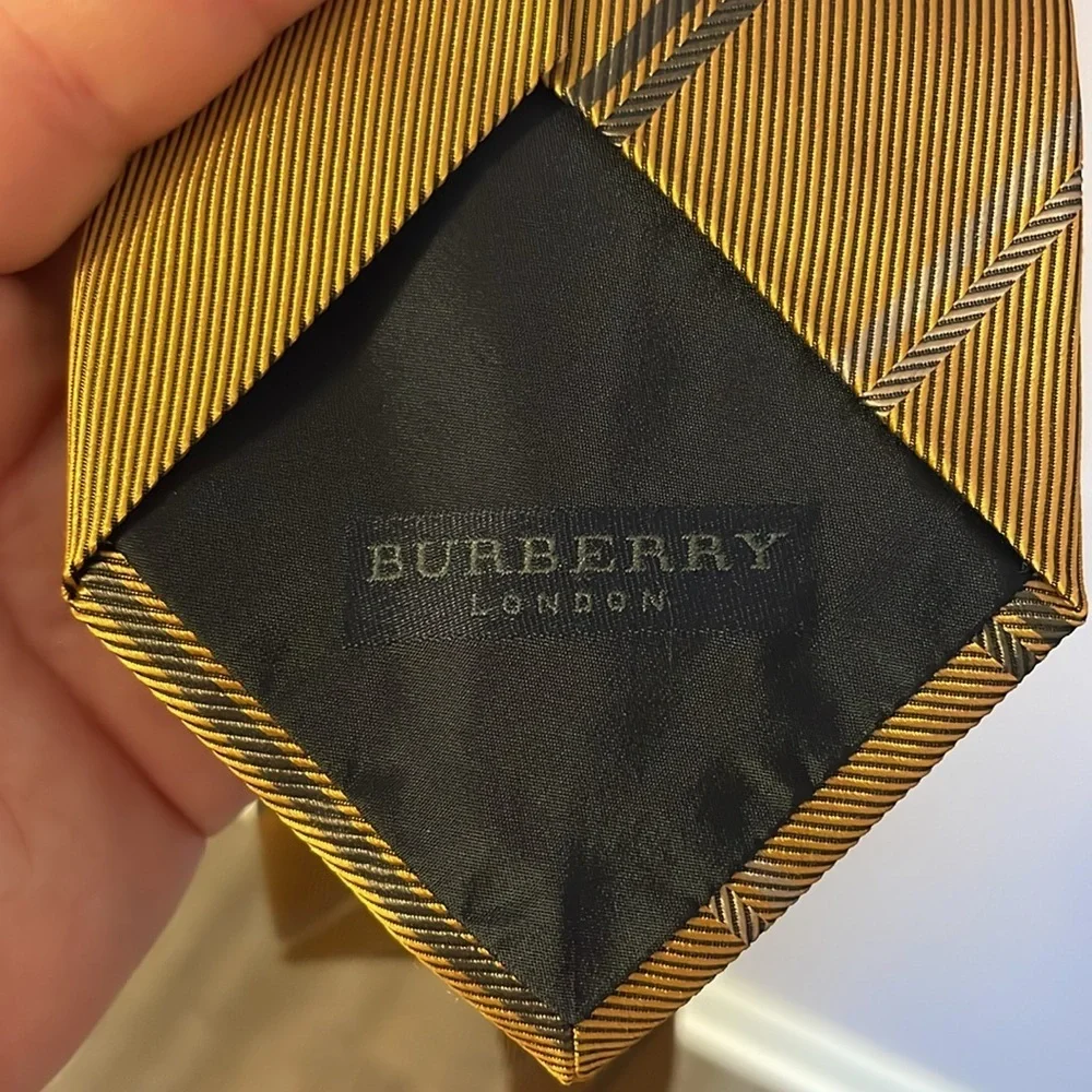 Burberry London Gold Yellow Striped and Logo Silk Necktie Tie
